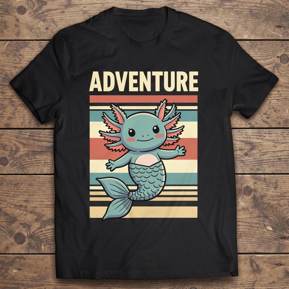 Gildan Black Tee with Teal Axolotl Mermaid Graphic